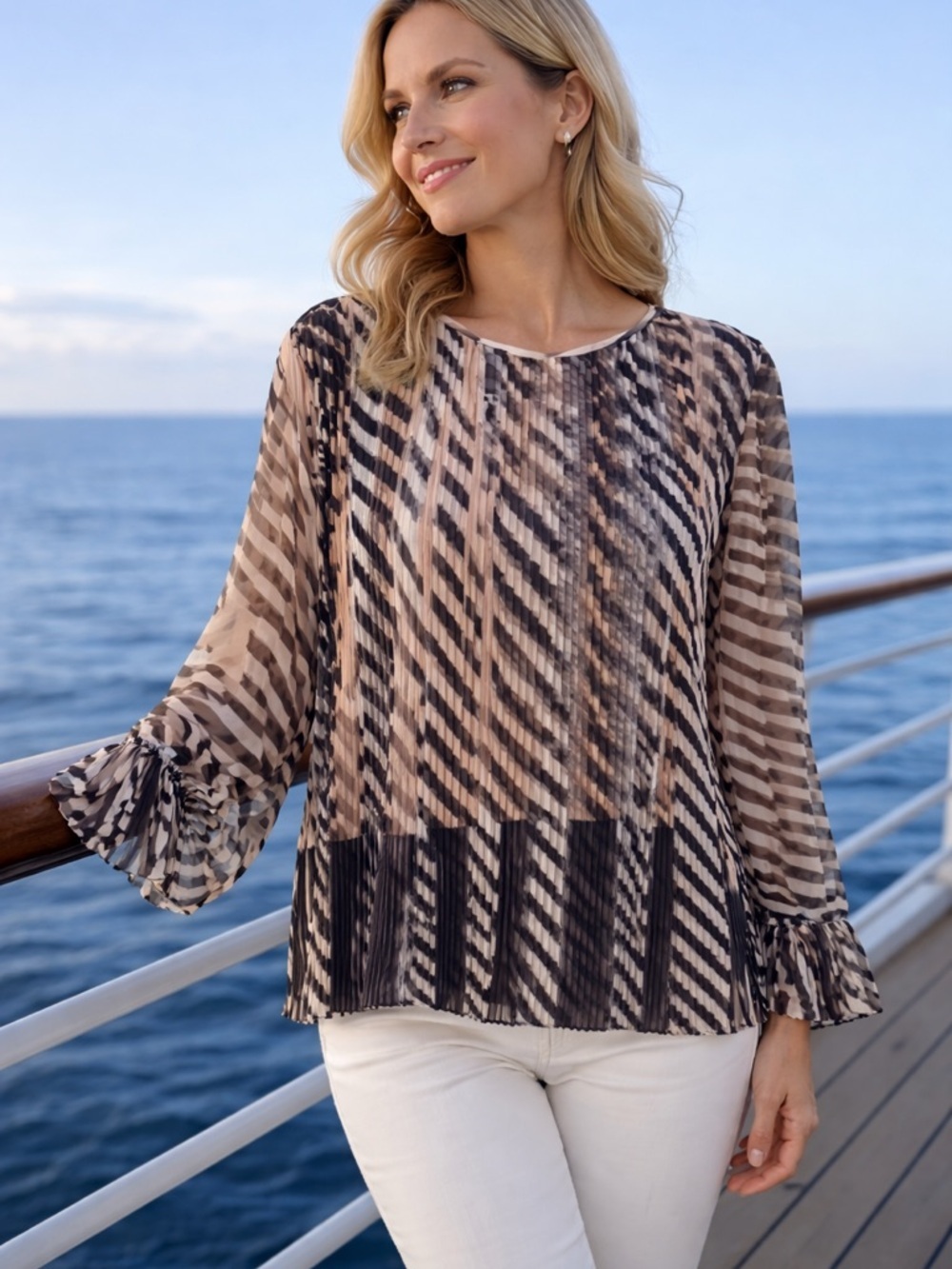 St. John Sheer Pleated Stripe Blouse - Beige & Black